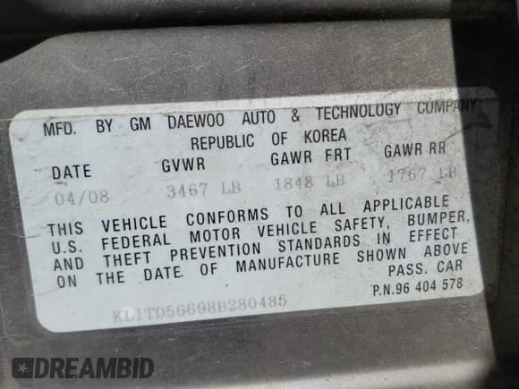 ✅ 2008 Chevrolet Aveo LS • VIN: KL1TD56698B280485 • Lot: 50090485. Wystawiony na Copart z przebiegiem 162 226 mil. Bezpłatny archiwum sprzedaży aukcyjnych z USA i szczegółowy raport historii pojazdu na DreamBid. Zdjęcie 12.