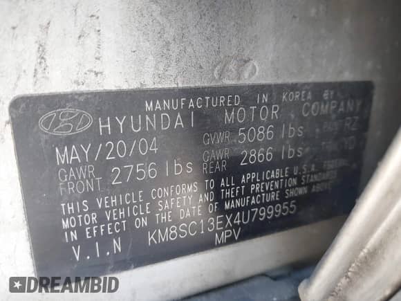 2004 Hyundai Santa Fe GLS z VIN KM8SC13EX4U799955, wystawiony jako IAAI lot #41240442 z przebiegiem 281 394 mil mil oraz . Historia ofert i sprzedaży dostępna na DreamBid. Obrazek 9.