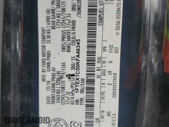 ✅ 2019 Ford F-150 XLT • VIN: 1FTEX1C50KFA46345 • Лот: 55622585. Опубликован ранее на Copart с пробегом 85 238 миль. Бесплатный доступ к архиву аукционных продаж из США и подробный отчёт об истории автомобиля на DreamBid. Изображение 13.