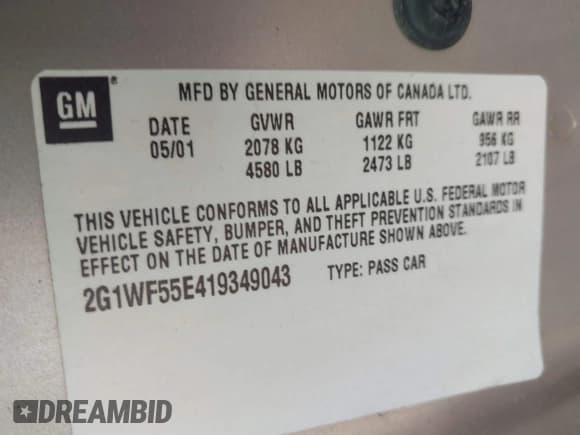 ✅ 2001 Chevrolet Impala • VIN: 2G1WF55E419349043 • Lot: 42336022. Listed on IAAI with 327,890 mi. Free auction sales archive from the USA and detailed vehicle history report at DreamBid. Image 9.