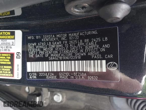 ✅ 2022 Lexus ES 350 F Sport • VIN: 58AGZ1B1XNU122918 • Лот: 43502959. Опубликован ранее на IAAI с пробегом 39 943 миль. Бесплатный доступ к архиву аукционных продаж из США и подробный отчёт об истории автомобиля на DreamBid. Изображение 9.