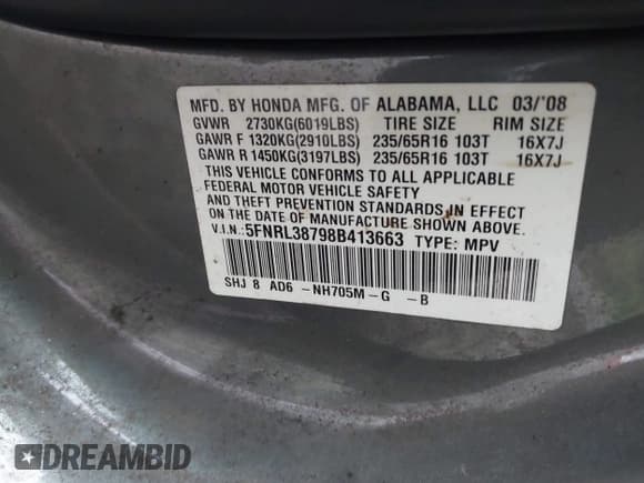 ✅ 2008 Honda Odyssey EX-L • VIN: 5FNRL38798B413663 • Lot: 43200181. Listed on IAAI with 173,489 mi. Free auction sales archive from the USA and detailed vehicle history report at DreamBid. Image 9.