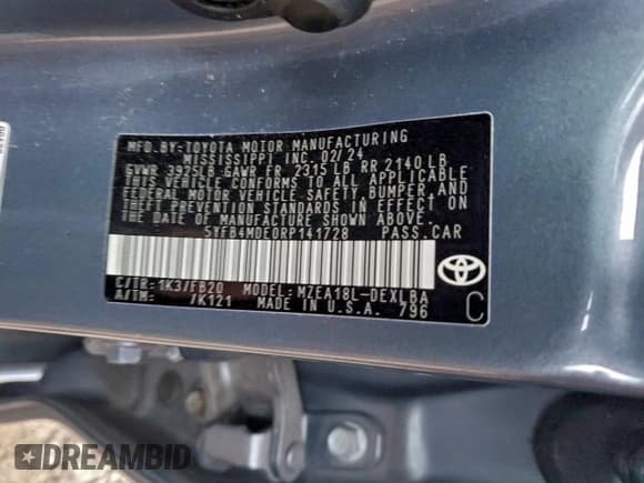 ✅ 2024 Toyota Corolla LE • VIN: 5YFB4MDE0RP141728 • Lot: 94962815. Listed on Copart with 42,828 mi. Free auction sales archive from the USA and detailed vehicle history report at DreamBid. Image 12.