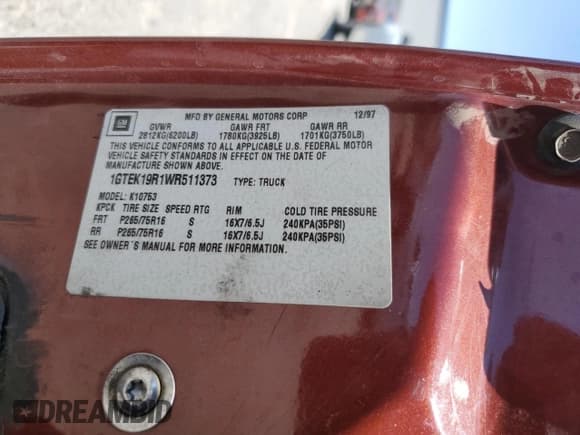 ✅ 1998 GMC Sierra 1500 • VIN: 1GTEK19R1WR511373 • Лот: 60080685. Опубликован ранее на Copart с пробегом 178 199 миль. Бесплатный доступ к архиву аукционных продаж из США и подробный отчёт об истории автомобиля на DreamBid. Изображение 13.