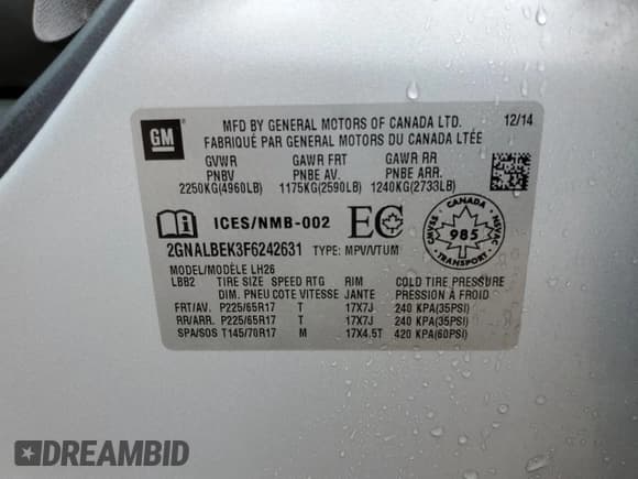 ✅ 2015 Chevrolet Equinox LT • VIN: 2GNALBEK3F6242631 • Лот: 65677544. Опубликован ранее на Copart с пробегом 144 670 миль. Бесплатный доступ к архиву аукционных продаж из США и подробный отчёт об истории автомобиля на DreamBid. Изображение 13.