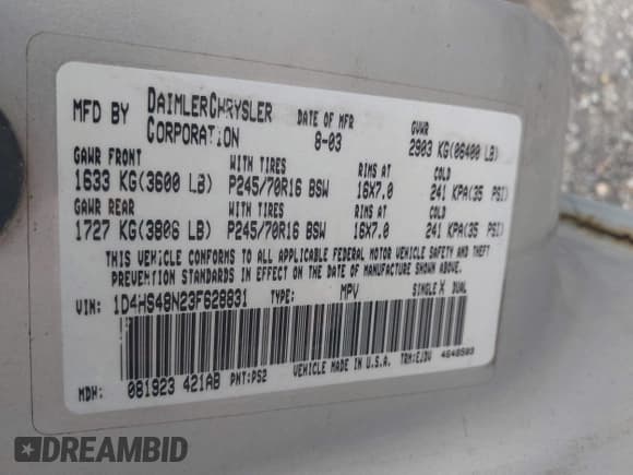 ✅ 2003 Dodge Durango SLT • VIN: 1D4HS48N23F628831 • Лот: 43385041. Опубликован ранее на IAAI с пробегом 185 574 миль. Бесплатный доступ к архиву аукционных продаж из США и подробный отчёт об истории автомобиля на DreamBid. Изображение 9.