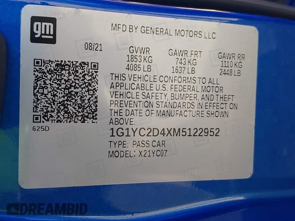 ✅ 2021 Chevrolet Corvette 3LT • VIN: 1G1YC2D4XM5122952 • Lot: 43247546. Listed on IAAI with 11,727 mi. Free auction sales archive from the USA and detailed vehicle history report at DreamBid. Image 9.