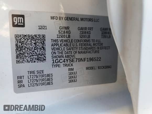 2022 Chevrolet Silverado 3500HD Work Truck z VIN 1GC4YSE79NF196522, wystawiony jako Copart lot #85439074 z przebiegiem Nie podano mil oraz Szkoda całkowita • Salvage title. Historia ofert i sprzedaży dostępna na DreamBid. Obrazek 13.