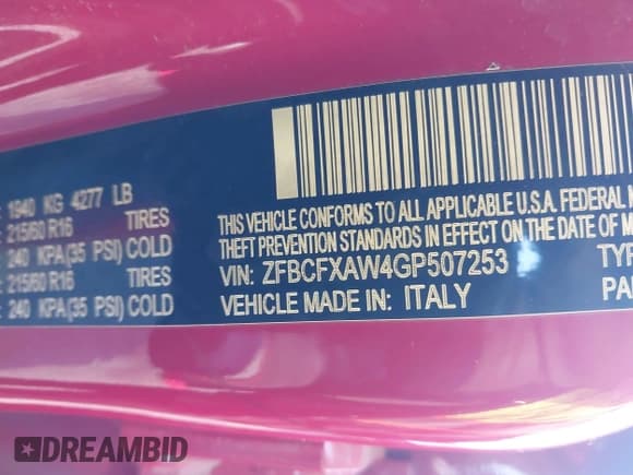 ✅ 2016 FIAT 500X Pop • VIN: ZFBCFXAW4GP507253 • Lot: 43928752. Listed on IAAI with 157,658 mi. Free auction sales archive from the USA and detailed vehicle history report at DreamBid. Image 9.