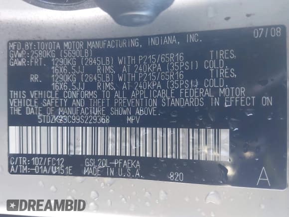 ✅ 2009 Toyota Sienna LE • VIN: 5TDZK23C99S229368 • Лот: 43853356. Опубликован ранее на IAAI с пробегом 147 236 миль. Бесплатный доступ к архиву аукционных продаж из США и подробный отчёт об истории автомобиля на DreamBid. Изображение 9.