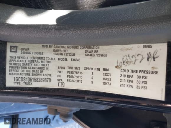 ✅ 2005 Chevrolet Colorado 1SE LS Z71 • VIN: 1GCDS136158289870 • Lot: 43173533. Listed on IAAI with 231,880 mi. Free auction sales archive from the USA and detailed vehicle history report at DreamBid. Image 9.