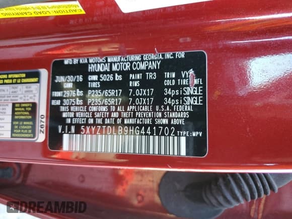 ✅ 2017 Hyundai Santa Fe 2.4L • VIN: 5XYZTDLB9HG441702 • Lot: 92632515. Wystawiony na Copart z przebiegiem 129 334 mil. Bezpłatny archiwum sprzedaży aukcyjnych z USA i szczegółowy raport historii pojazdu na DreamBid. Zdjęcie 13.