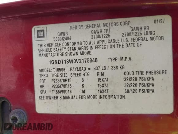 ✅ 1997 Chevrolet Blazer LS • VIN: 1GNDT13W0V2175348 • Lot: 41773422. Wystawiony na IAAI z przebiegiem 247 972 mil. Bezpłatny archiwum sprzedaży aukcyjnych z USA i szczegółowy raport historii pojazdu na DreamBid. Zdjęcie 9.