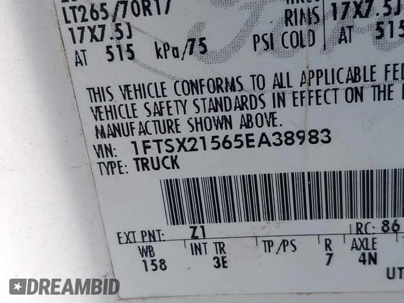 ✅ 2005 Ford F-250 XL • VIN: 1FTSX21565EA38983 • Lot: 42668293. Listed on IAAI with 140,193 mi. Free auction sales archive from the USA and detailed vehicle history report at DreamBid. Image 9.