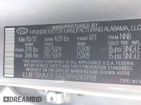 2023 Hyundai Tucson SEL z VIN 5NMJF3AE9PH241998, wystawiony jako IAAI lot #43051244 z przebiegiem 56 837 mil mil oraz . Historia ofert i sprzedaży dostępna na DreamBid. Obrazek 9.