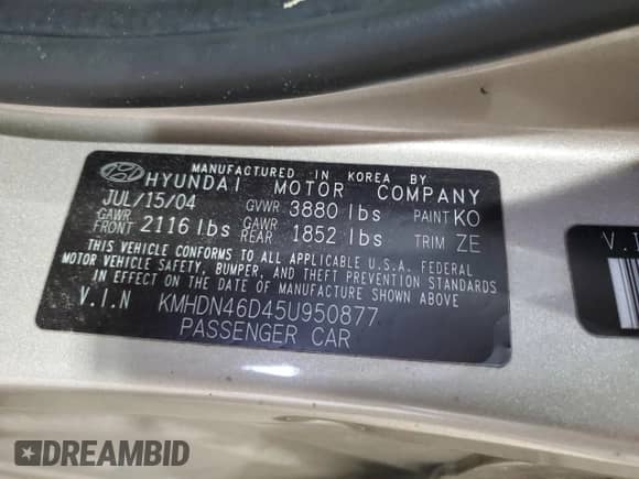 ✅ 2005 Hyundai Elantra GLS • VIN: KMHDN46D45U950877 • Lot: 84066174. Listed on Copart with 237,492 mi miles. Access the free auction sales archive from the USA and view a detailed vehicle history report at DreamBid. Image 12.