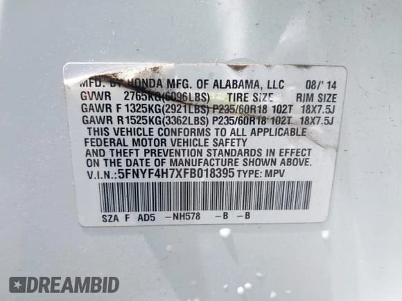 ✅ 2015 Honda Pilot EX-L • VIN: 5FNYF4H7XFB018395 • Лот: 42760188. Опубликован ранее на IAAI с пробегом 96 701 миль. Бесплатный доступ к архиву аукционных продаж из США и подробный отчёт об истории автомобиля на DreamBid. Изображение 9.