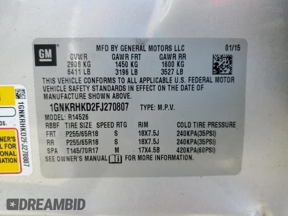 ✅ 2015 Chevrolet Traverse LT • VIN: 1GNKRHKD2FJ270807 • Lot: 51954674. Wystawiony na Copart z przebiegiem 125 872 mil. Bezpłatny archiwum sprzedaży aukcyjnych z USA i szczegółowy raport historii pojazdu na DreamBid. Zdjęcie 14.