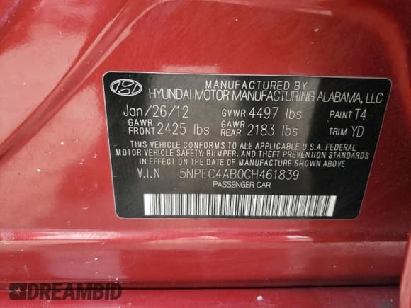 ✅ 2012 Hyundai Sonata Limited • VIN: 5NPEC4AB0CH461839 • Lot: 71182054. Listed on Copart with 40,209 mi. Free auction sales archive from the USA and detailed vehicle history report at DreamBid. Image 13.