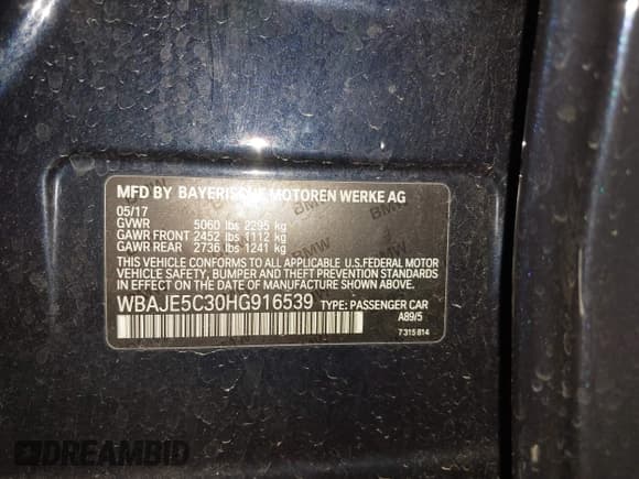 ✅ 2017 BMW 5 Series 540i • VIN: WBAJE5C30HG916539 • Лот: 41935482. Опубликован ранее на IAAI с пробегом 67 424 миль. Бесплатный доступ к архиву аукционных продаж из США и подробный отчёт об истории автомобиля на DreamBid. Изображение 9.