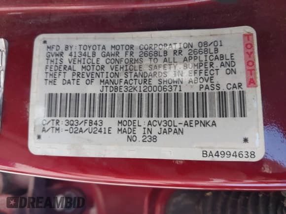 ✅ 2002 Toyota Camry LE • VIN: JTDBE32K120006371 • Lot: 43708563. Wystawiony na IAAI z przebiegiem Nie podano. Bezpłatny archiwum sprzedaży aukcyjnych z USA i szczegółowy raport historii pojazdu na DreamBid. Zdjęcie 9.