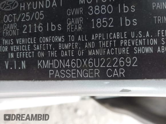 ✅ 2006 Hyundai Elantra GLS • VIN: KMHDN46DX6U222692 • Lot: 43612995. Listed on IAAI with 177,463 mi. Free auction sales archive from the USA and detailed vehicle history report at DreamBid. Image 9.