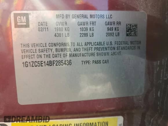 2011 Chevrolet Malibu 1LT with VIN 1G1ZC5E14BF285436, listed as a Copart auction lot 85145675 with 173,926 mi miles and Salvage title. Bid and sale history available at DreamBid. Image 13.