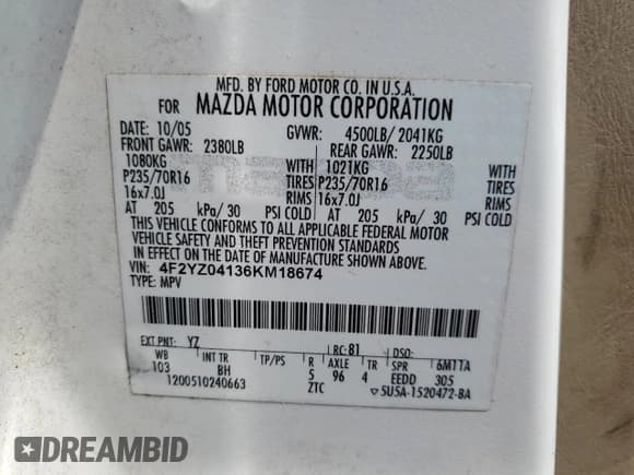 ✅ 2006 Mazda Tribute S • VIN: 4F2YZ04136KM18674 • Lot: 65126554. Wystawiony na Copart z przebiegiem 186 941 mil. Bezpłatny archiwum sprzedaży aukcyjnych z USA i szczegółowy raport historii pojazdu na DreamBid. Zdjęcie 13.
