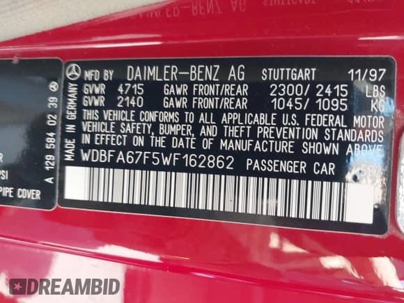 ✅ 1998 Mercedes-Benz SL 500 • VIN: WDBFA67F5WF162862 • Lot: 42391819. Wystawiony na IAAI z przebiegiem 158 411 mil. Bezpłatny archiwum sprzedaży aukcyjnych z USA i szczegółowy raport historii pojazdu na DreamBid. Zdjęcie 9.