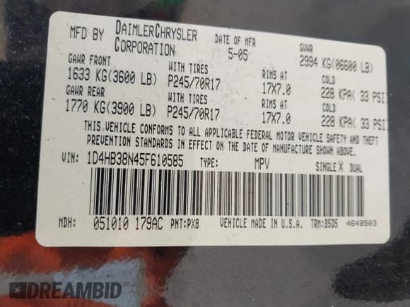 ✅ 2005 Dodge Durango SXT • VIN: 1D4HB38N45F610585 • Лот: 42282944. Опубликован ранее на IAAI с пробегом 180 446 миль. Бесплатный доступ к архиву аукционных продаж из США и подробный отчёт об истории автомобиля на DreamBid. Изображение 9.