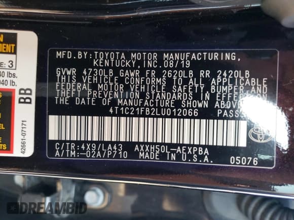 ✅ 2020 Toyota Avalon Limited Hybrid • VIN: 4T1C21FB2LU012066 • Лот: 70624702. Опубликован ранее на Copart с пробегом 59 611 миль. Бесплатный доступ к архиву аукционных продаж из США и подробный отчёт об истории автомобиля на DreamBid. Изображение 13.