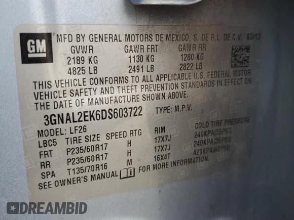 ✅ 2013 Chevrolet Captiva Sport LS • VIN: 3GNAL2EK6DS603722 • Lot: 52376315. Wystawiony na Copart z przebiegiem 196 487 mil. Bezpłatny archiwum sprzedaży aukcyjnych z USA i szczegółowy raport historii pojazdu na DreamBid. Zdjęcie 13.