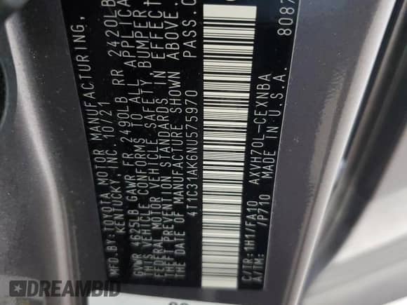 2022 Toyota Camry Hybrid LE с VIN 4T1C31AK6NU575970, выставлен на аукционе Copart как лот 83967945 с пробегом 47 124 миль миль и Списание • Salvage title. История ставок и продаж доступна на DreamBid. Изображение 12.