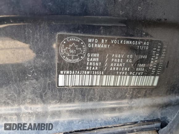 ✅ 2011 Volkswagen Golf • VIN: WVWDA7AJ7BW139556 • Lot: 69213004. Listed on Copart with 200,522 mi. Free auction sales archive from the USA and detailed vehicle history report at DreamBid. Image 12.