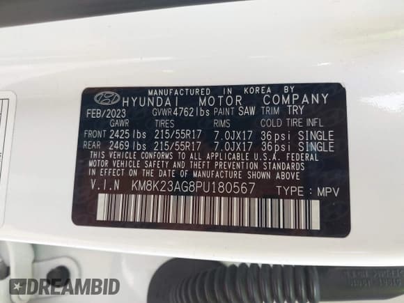 ✅ 2023 Hyundai Kona SE • VIN: KM8K23AG8PU180567 • Лот: 43250075. Опубликован ранее на IAAI с пробегом 117 773 миль. Бесплатный доступ к архиву аукционных продаж из США и подробный отчёт об истории автомобиля на DreamBid. Изображение 9.