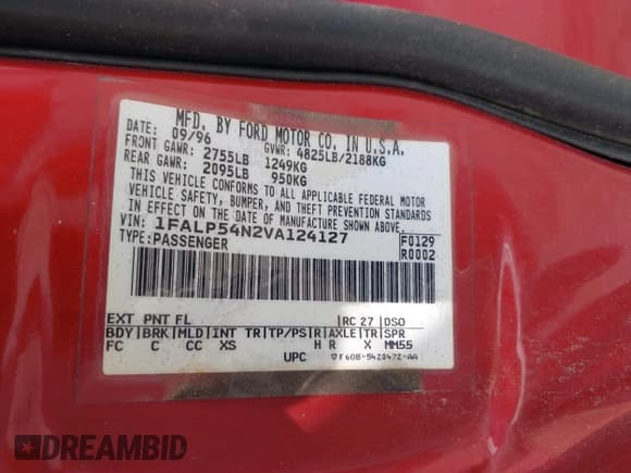 ✅ 1997 Ford Taurus • VIN: 1FALP54N2VA124127 • Lot: 42457913. Listed on IAAI with 202,302 mi. Free auction sales archive from the USA and detailed vehicle history report at DreamBid. Image 9.