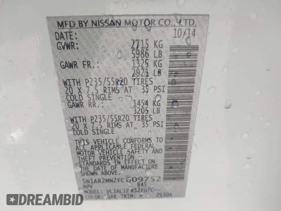 ✅ 2015 Nissan Pathfinder SV • VIN: 5N1AR2MN2FC609752 • Lot: 41607632. Listed on IAAI with 74,405 mi. Free auction sales archive from the USA and detailed vehicle history report at DreamBid. Image 9.