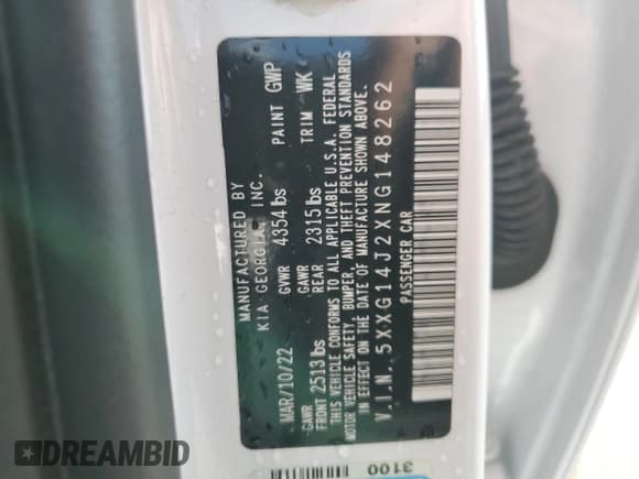 ✅ 2022 Kia K5 LXS • VIN: 5XXG14J2XNG148262 • Lot: 84446325. Listed on Copart with 75,973 mi. Free auction sales archive from the USA and detailed vehicle history report at DreamBid. Image 12.