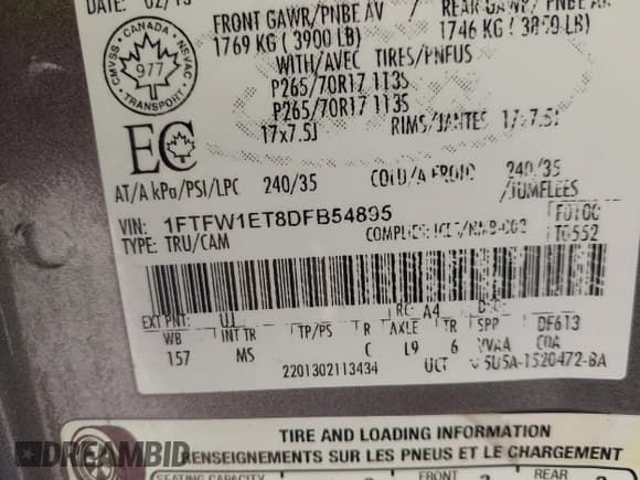 ✅ 2013 Ford F-150 XL • VIN: 1FTFW1ET8DFB54895 • Lot: 41767116. Listed on IAAI with 232,291 mi. Free auction sales archive from the USA and detailed vehicle history report at DreamBid. Image 9.