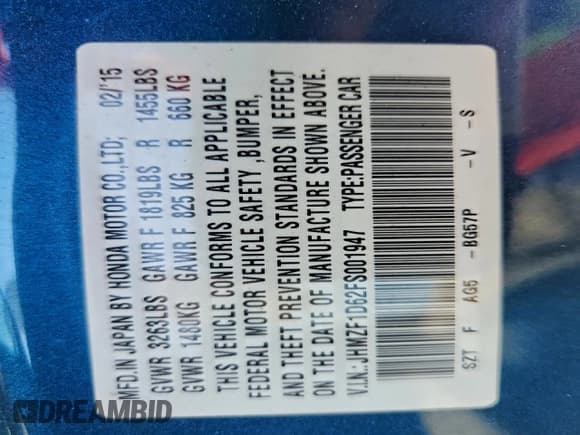 ✅ 2015 Honda CR-Z EX • VIN: JHMZF1D62FS001947 • Lot: 93625225. Listed on Copart with 43,807 mi. Free auction sales archive from the USA and detailed vehicle history report at DreamBid. Image 12.