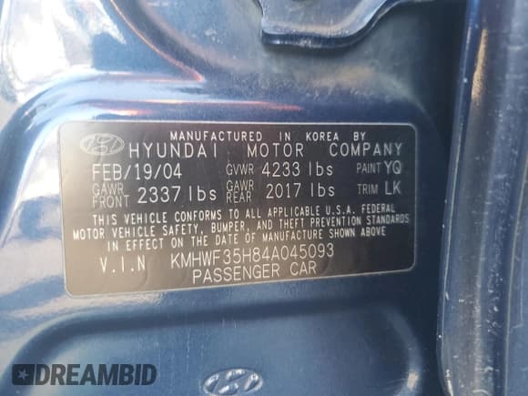 ✅ 2004 Hyundai Sonata GLS • VIN: KMHWF35H84A045093 • Lot: 87461845. Listed on Copart with 166,460 mi. Free auction sales archive from the USA and detailed vehicle history report at DreamBid. Image 12.