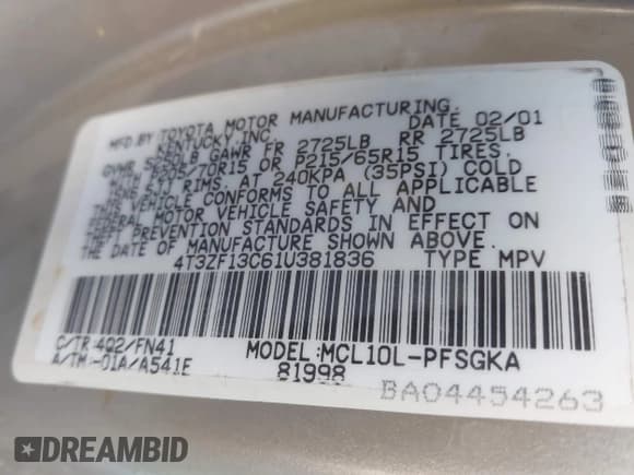 ✅ 2001 Toyota Sienna LE • VIN: 4T3ZF13C61U381836 • Lot: 43694126. Listed on IAAI with 245,101 mi. Free auction sales archive from the USA and detailed vehicle history report at DreamBid. Image 9.