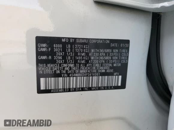 ✅ 2023 Subaru Ascent Onyx Limited • VIN: 4S4WMAKD4P3416061 • Lot: 84919005. Listed on Copart with 53,680 mi. Free auction sales archive from the USA and detailed vehicle history report at DreamBid. Image 14.