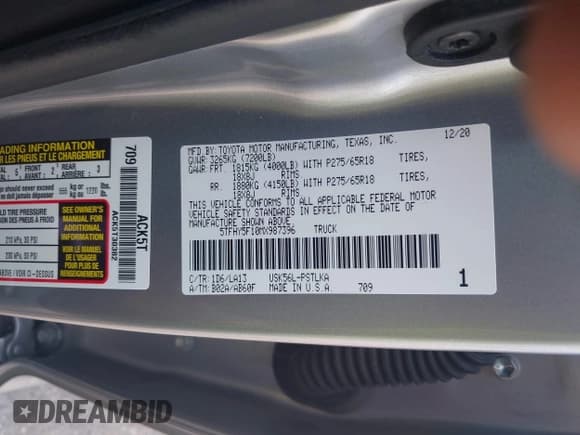 ✅ 2021 Toyota Tundra Limited • VIN: 5TFHY5F10MX987396 • Lot: 42567678. Listed on IAAI with 103,897 mi. Free auction sales archive from the USA and detailed vehicle history report at DreamBid. Image 9.