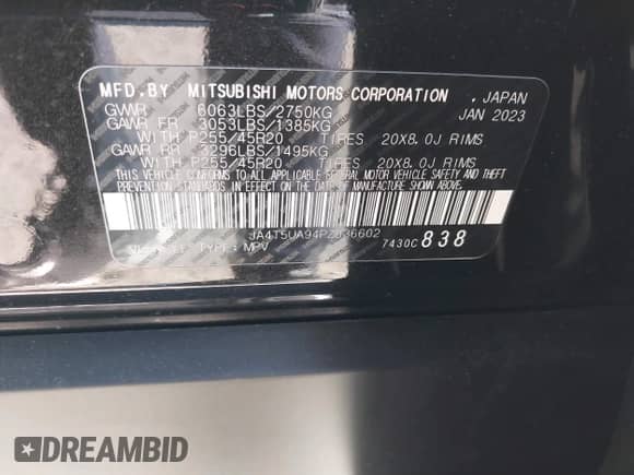 2023 Mitsubishi Outlander SE с VIN JA4T5UA94PZ036602, выставлен на аукционе IAAI как лот 41781635 с пробегом 9 277 миль миль и . История ставок и продаж доступна на DreamBid. Изображение 9.
