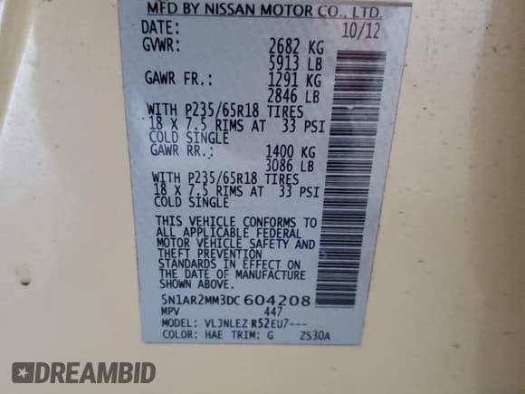 ✅ 2013 Nissan Pathfinder SL • VIN: 5N1AR2MM3DC604208 • Lot: 57424365. Listed on Copart with Not provided. Free auction sales archive from the USA and detailed vehicle history report at DreamBid. Image 14.