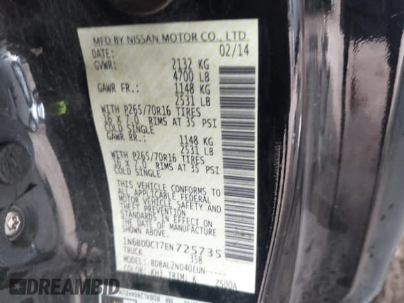 ✅ 2014 Nissan Frontier SV • VIN: 1N6BD0CT7EN725735 • Lot: 43126606. Listed on IAAI with 123,549 mi. Free auction sales archive from the USA and detailed vehicle history report at DreamBid. Image 9.