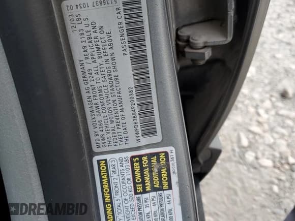 ✅ 2004 Volkswagen Passat GLS • VIN: WVWPD63B84P200382 • Lot: 71932095. Listed on Copart with 253,626 mi. Free auction sales archive from the USA and detailed vehicle history report at DreamBid. Image 12.