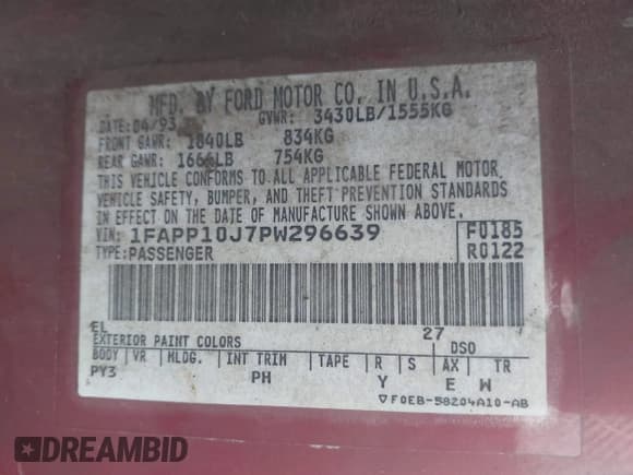 ✅ 1993 Ford Escort • VIN: 1FAPP10J7PW296639 • Лот: 42913391. Опубликован ранее на IAAI с пробегом 9 548 миль. Бесплатный доступ к архиву аукционных продаж из США и подробный отчёт об истории автомобиля на DreamBid. Изображение 9.