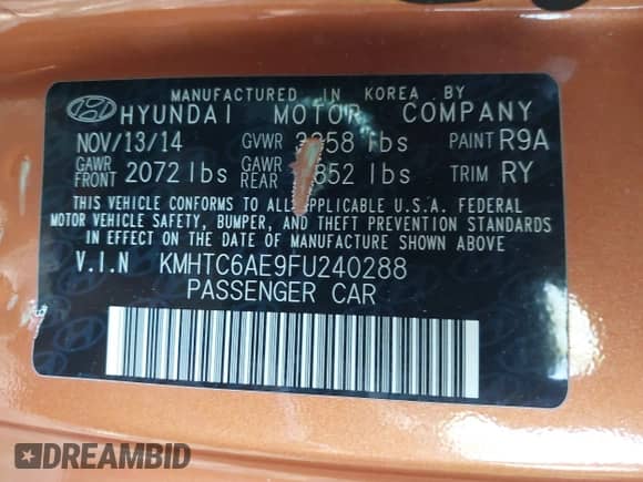 2015 Hyundai Veloster Turbo R-Spec with VIN KMHTC6AE9FU240288, listed as a IAAI auction lot 42536264 with 174,250 mi miles and . Bid and sale history available at DreamBid. Image 9.